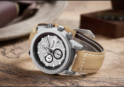MEGIR Luxury Chronograph Men's Sport Watches Leather Strap Quartz Wristwatch Luminous Casual Male Clock Relogio Masculino 2026