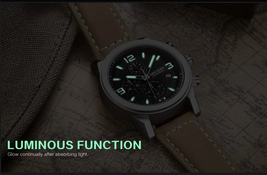 MEGIR Luxury Chronograph Men's Sport Watches Leather Strap Quartz Wristwatch Luminous Casual Male Clock Relogio Masculino 2026
