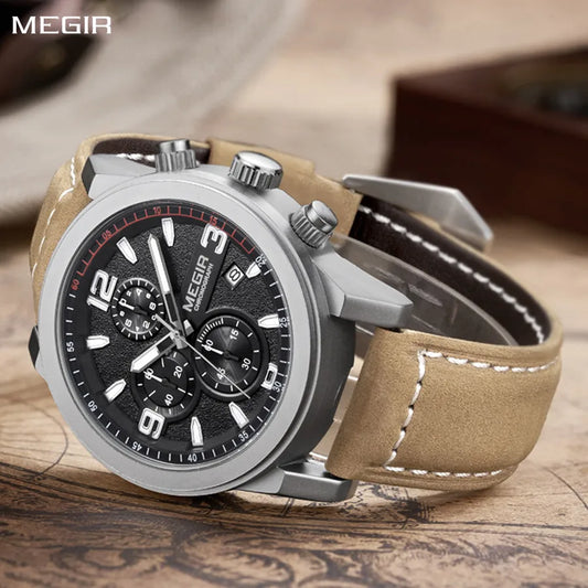 MEGIR Luxury Chronograph Men's Sport Watches Leather Strap Quartz Wristwatch Luminous Casual Male Clock Relogio Masculino 2026