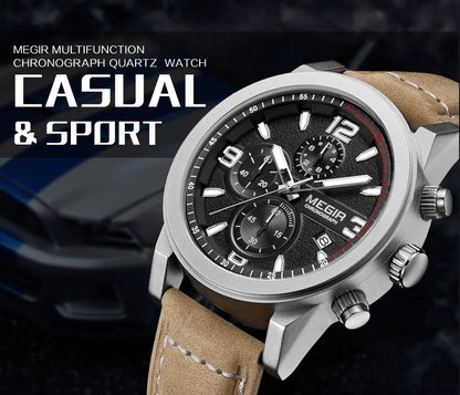 MEGIR Luxury Chronograph Men's Sport Watches Leather Strap Quartz Wristwatch Luminous Casual Male Clock Relogio Masculino 2026