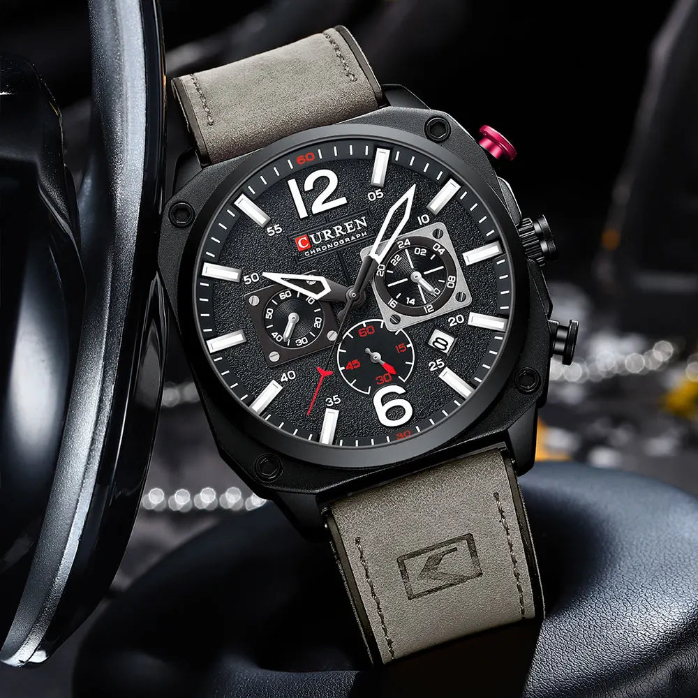 CURREN Men's Waterproof Fashion Quartz Chronograph Watch – Leather Strap, Luminous Calendar