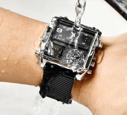 LIGE Men’s Black Steel Digital Dual Display Sports Chronograph – Waterproof Quartz Military Watch