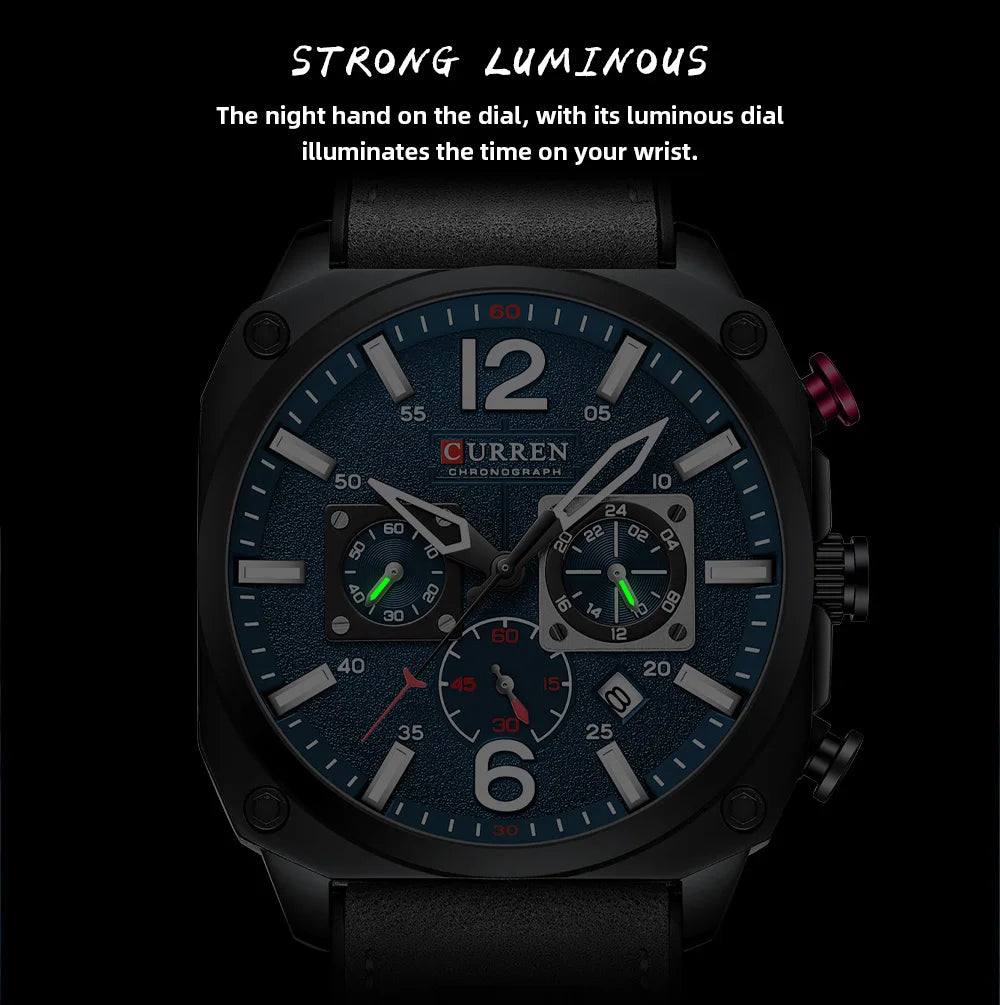 CURREN Men's Waterproof Fashion Quartz Chronograph Watch – Leather Strap, Luminous Calendar