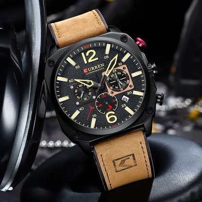 CURREN Men's Waterproof Fashion Quartz Chronograph Watch – Leather Strap, Luminous Calendar