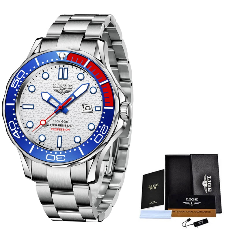 2025 LIGE Men's Business Luxury Dive Watch – Waterproof Chronograph with Date | Stainless Steel Sport Wristwatch + Box