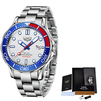 2025 LIGE Men's Business Luxury Dive Watch – Waterproof Chronograph with Date | Stainless Steel Sport Wristwatch + Box
