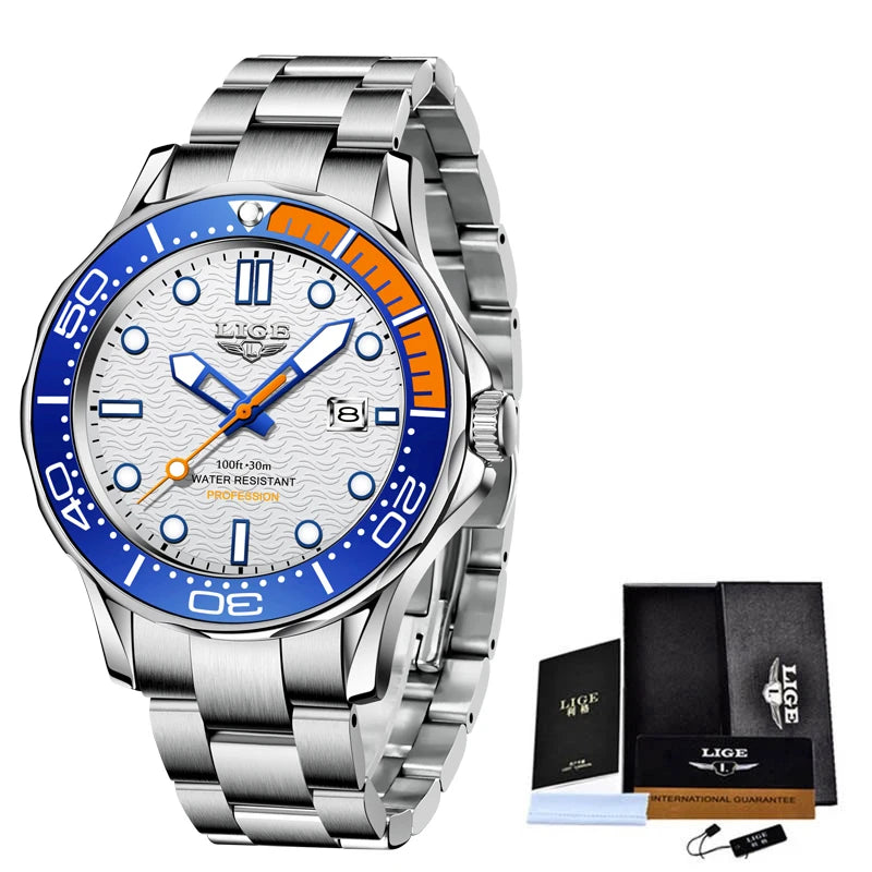 2025 LIGE Men's Business Luxury Dive Watch – Waterproof Chronograph with Date | Stainless Steel Sport Wristwatch + Box