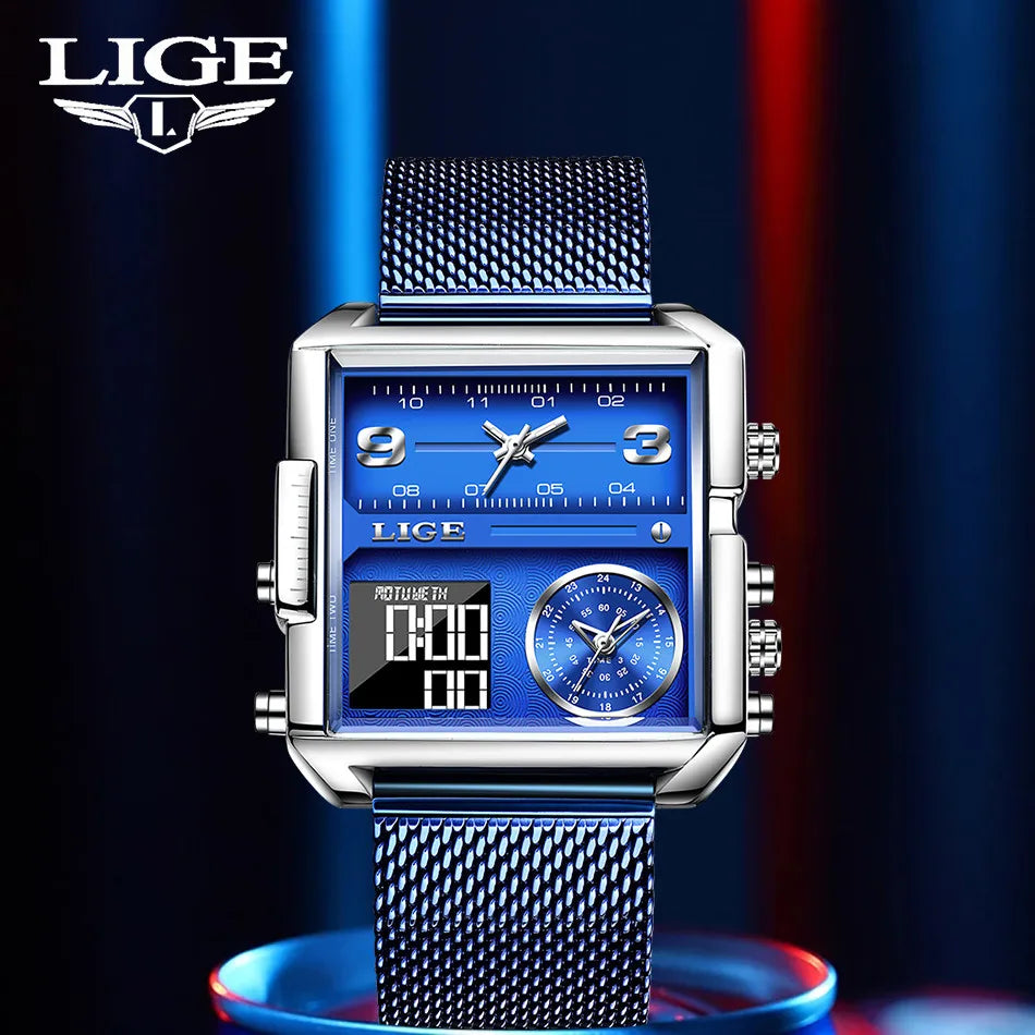 LIGE Men’s Black Steel Digital Dual Display Sports Chronograph – Waterproof Quartz Military Watch