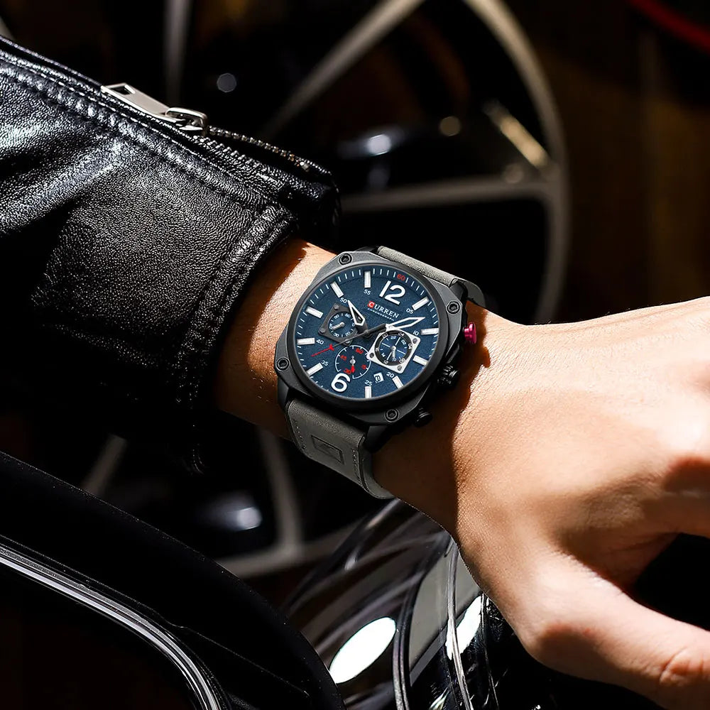 CURREN Men's Waterproof Fashion Quartz Chronograph Watch – Leather Strap, Luminous Calendar