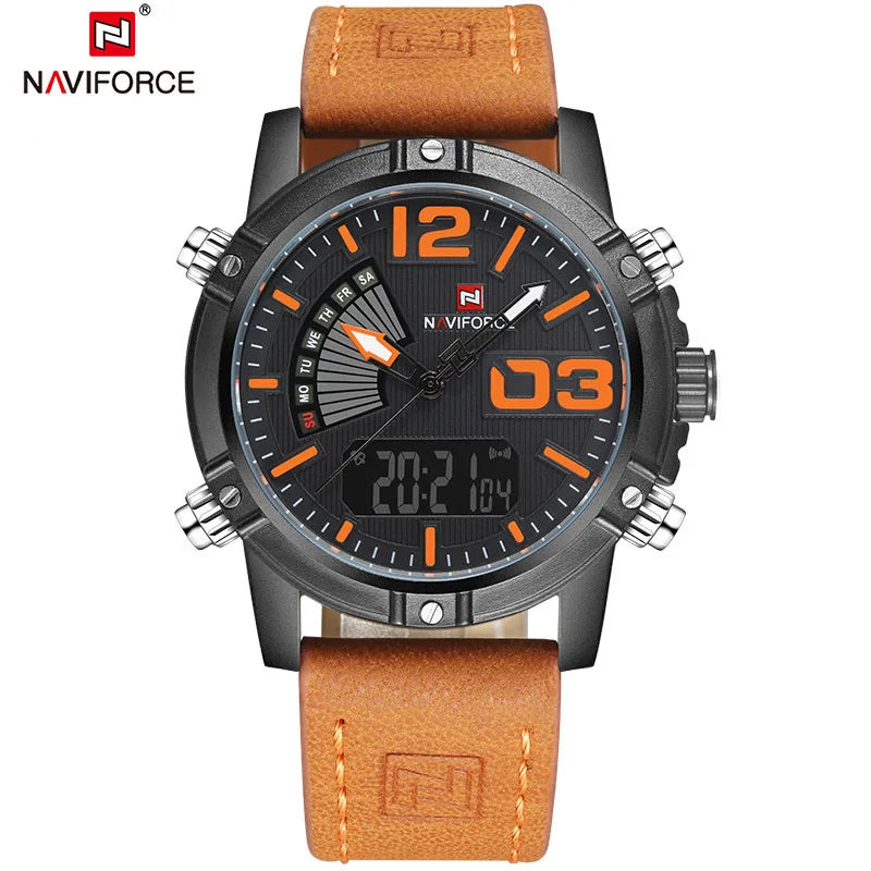 NAVIFORCE Luxury Brand Men's Sport Watches Men Dual Display LED Digital Waterproof Leather Strap Quartz Military Watch Man Clock