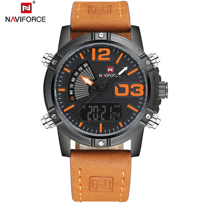 NAVIFORCE Luxury Brand Men's Sport Watches Men Dual Display LED Digital Waterproof Leather Strap Quartz Military Watch Man Clock