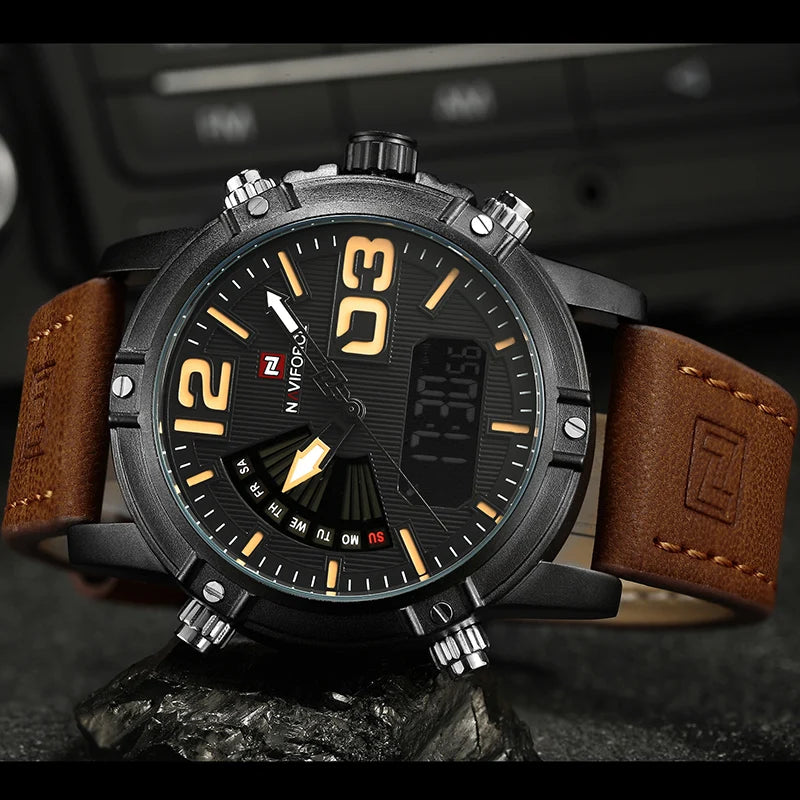 NAVIFORCE Luxury Brand Men's Sport Watches Men Dual Display LED Digital Waterproof Leather Strap Quartz Military Watch Man Clock