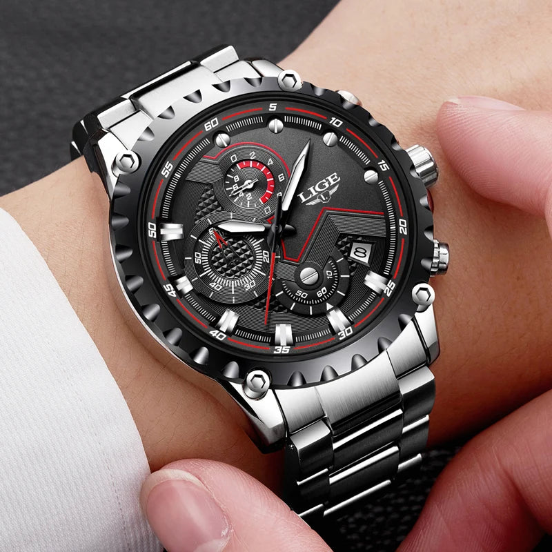 LIGE 2024 Men’s Luxury Quartz Watch – All Steel Waterproof Sport & Business Timepiece with Box