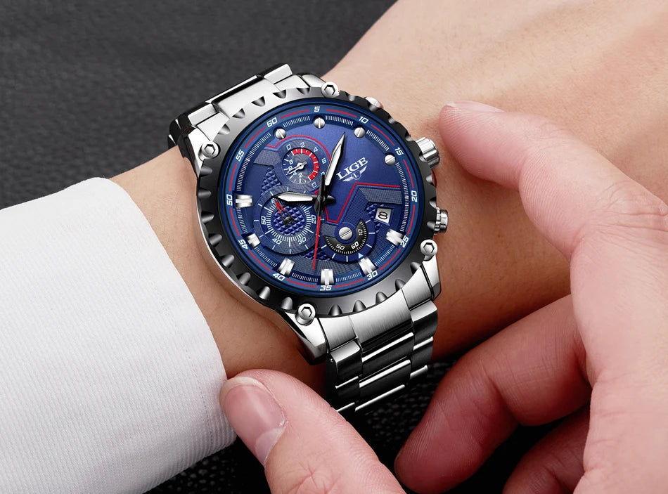 LIGE 2024 Men’s Luxury Quartz Watch – All Steel Waterproof Sport & Business Timepiece with Box
