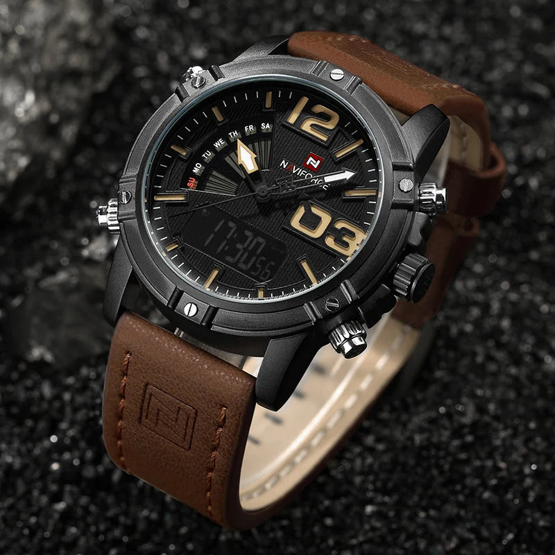 NAVIFORCE Luxury Brand Men's Sport Watches Men Dual Display LED Digital Waterproof Leather Strap Quartz Military Watch Man Clock