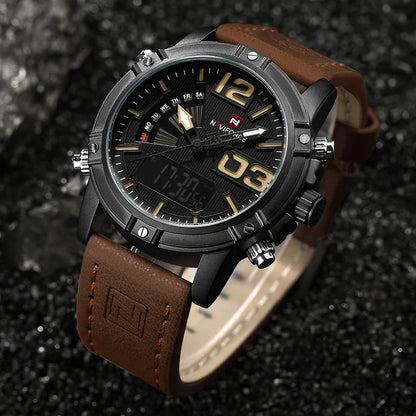 NAVIFORCE Luxury Brand Men's Sport Watches Men Dual Display LED Digital Waterproof Leather Strap Quartz Military Watch Man Clock