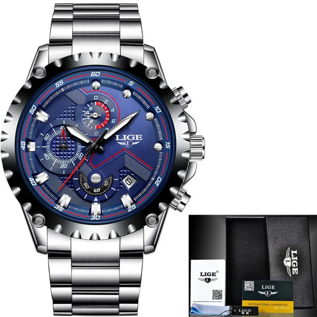 LIGE 2024 Men’s Luxury Quartz Watch – All Steel Waterproof Sport & Business Timepiece with Box