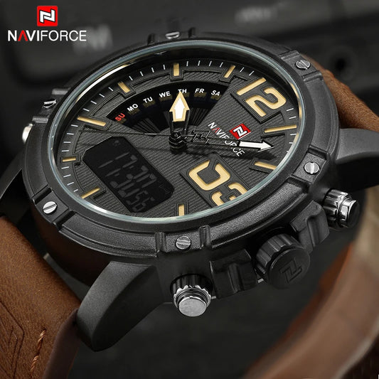 NAVIFORCE Luxury Brand Men's Sport Watches Men Dual Display LED Digital Waterproof Leather Strap Quartz Military Watch Man Clock