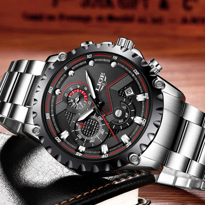 LIGE 2024 Men’s Luxury Quartz Watch – All Steel Waterproof Sport & Business Timepiece with Box