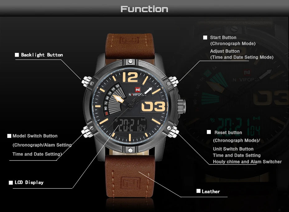 NAVIFORCE Luxury Brand Men's Sport Watches Men Dual Display LED Digital Waterproof Leather Strap Quartz Military Watch Man Clock