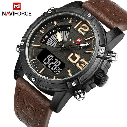 NAVIFORCE Luxury Brand Men's Sport Watches Men Dual Display LED Digital Waterproof Leather Strap Quartz Military Watch Man Clock