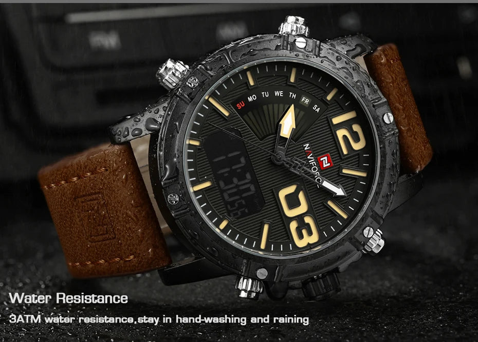NAVIFORCE Luxury Brand Men's Sport Watches Men Dual Display LED Digital Waterproof Leather Strap Quartz Military Watch Man Clock