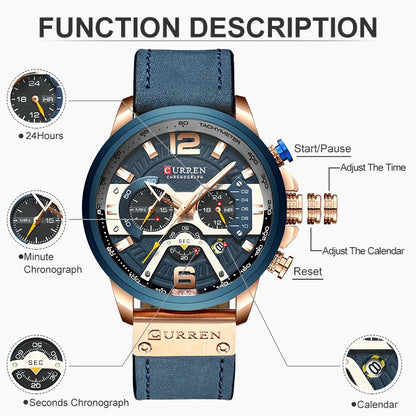 CURREN Luxury Men’s Analog Leather Sports Watch – Military Date Quartz Timepiece