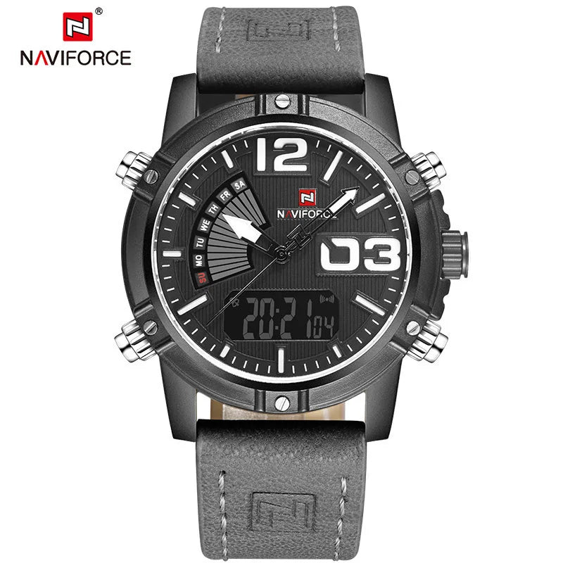 NAVIFORCE Luxury Brand Men's Sport Watches Men Dual Display LED Digital Waterproof Leather Strap Quartz Military Watch Man Clock