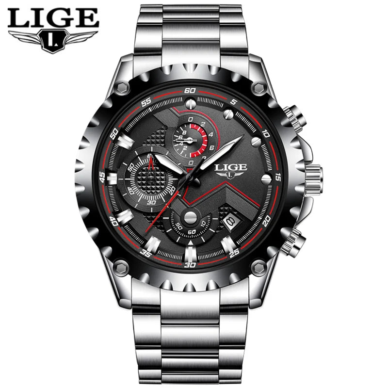 LIGE 2024 Men’s Luxury Quartz Watch – All Steel Waterproof Sport & Business Timepiece with Box