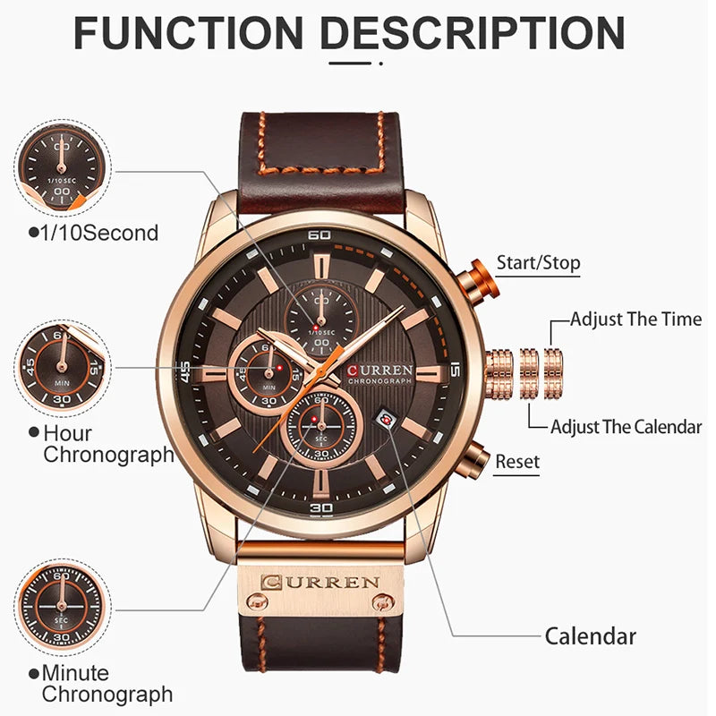 CURREN Men’s Military Leather Sports Quartz Watch – Chronograph Wristwatch