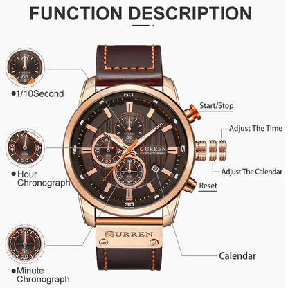 CURREN Men’s Military Leather Sports Quartz Watch – Chronograph Wristwatch