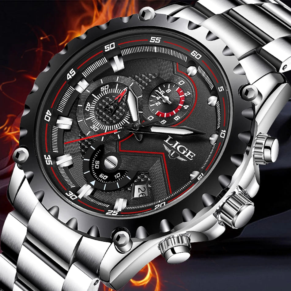 LIGE 2024 Men’s Luxury Quartz Watch – All Steel Waterproof Sport & Business Timepiece with Box
