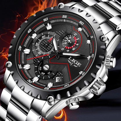 LIGE 2024 Men’s Luxury Quartz Watch – All Steel Waterproof Sport & Business Timepiece with Box