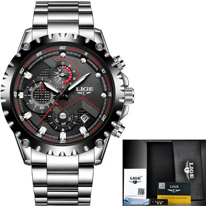 LIGE 2024 Men’s Luxury Quartz Watch – All Steel Waterproof Sport & Business Timepiece with Box