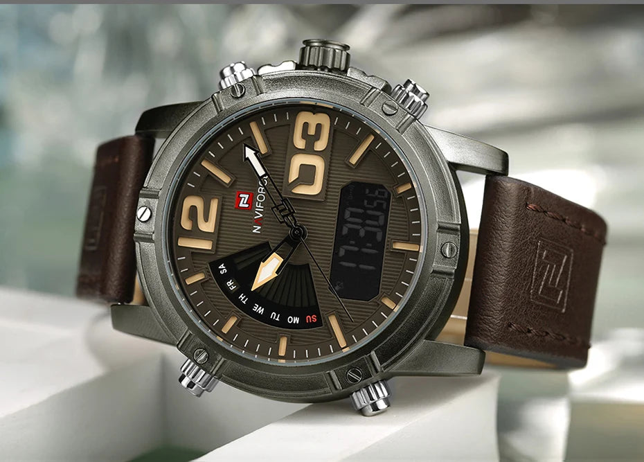 NAVIFORCE Luxury Brand Men's Sport Watches Men Dual Display LED Digital Waterproof Leather Strap Quartz Military Watch Man Clock