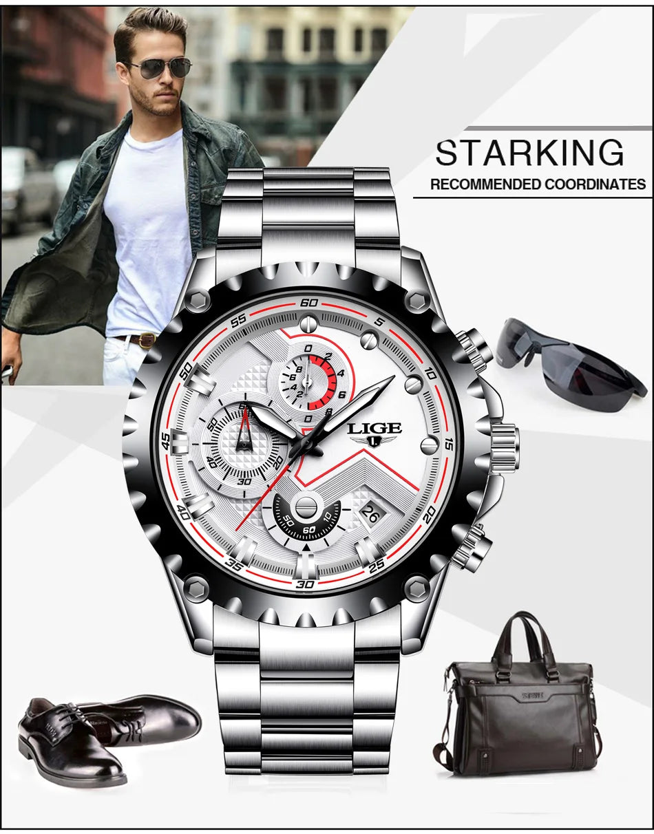 LIGE 2024 Men’s Luxury Quartz Watch – All Steel Waterproof Sport & Business Timepiece with Box