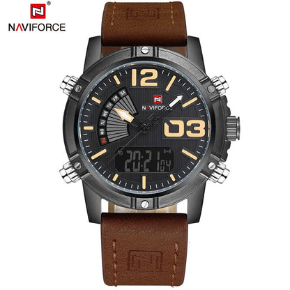 NAVIFORCE Luxury Brand Men's Sport Watches Men Dual Display LED Digital Waterproof Leather Strap Quartz Military Watch Man Clock