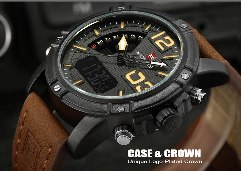 NAVIFORCE Luxury Brand Men's Sport Watches Men Dual Display LED Digital Waterproof Leather Strap Quartz Military Watch Man Clock