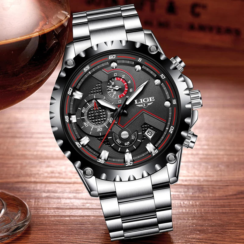 LIGE 2024 Men’s Luxury Quartz Watch – All Steel Waterproof Sport & Business Timepiece with Box