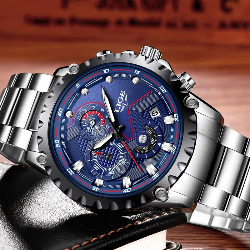 LIGE 2024 Men’s Luxury Quartz Watch – All Steel Waterproof Sport & Business Timepiece with Box