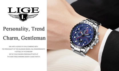 LIGE 2024 Men’s Luxury Quartz Watch – All Steel Waterproof Sport & Business Timepiece with Box