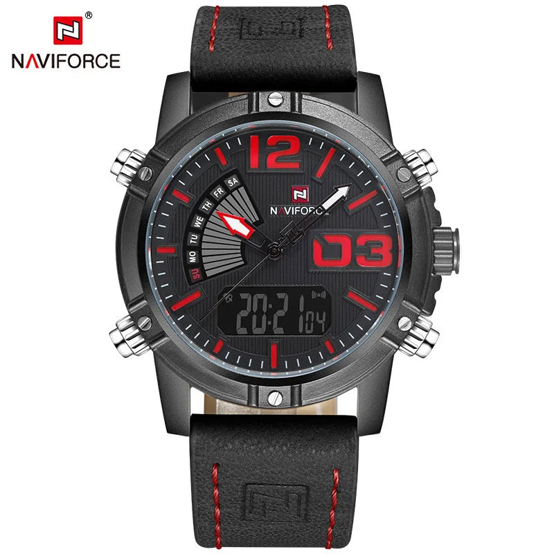 NAVIFORCE Luxury Brand Men's Sport Watches Men Dual Display LED Digital Waterproof Leather Strap Quartz Military Watch Man Clock