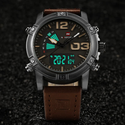 NAVIFORCE Luxury Brand Men's Sport Watches Men Dual Display LED Digital Waterproof Leather Strap Quartz Military Watch Man Clock
