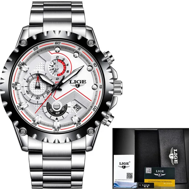 LIGE 2024 Men’s Luxury Quartz Watch – All Steel Waterproof Sport & Business Timepiece with Box