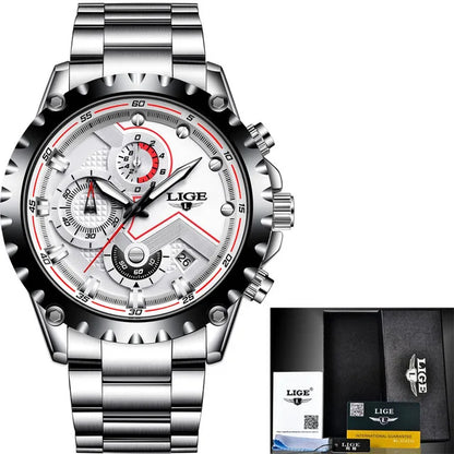 LIGE 2024 Men’s Luxury Quartz Watch – All Steel Waterproof Sport & Business Timepiece with Box