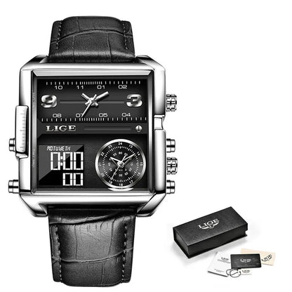 LIGE Men’s Black Steel Digital Dual Display Sports Chronograph – Waterproof Quartz Military Watch