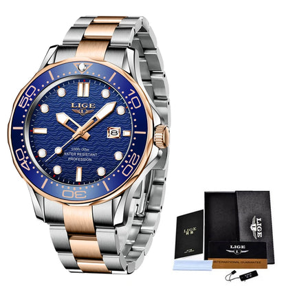 2025 LIGE Men's Business Luxury Dive Watch – Waterproof Chronograph with Date | Stainless Steel Sport Wristwatch + Box