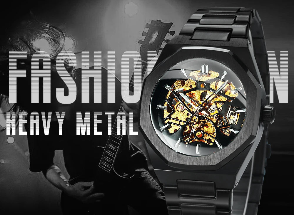 Luxorive  WINNER Luxury Skeleton Watch – Men's Automatic Mechanical in Black & Gold