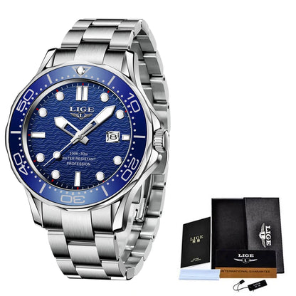 2025 LIGE Men's Business Luxury Dive Watch – Waterproof Chronograph with Date | Stainless Steel Sport Wristwatch + Box
