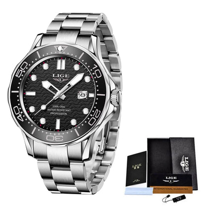 2025 LIGE Men's Business Luxury Dive Watch – Waterproof Chronograph with Date | Stainless Steel Sport Wristwatch + Box